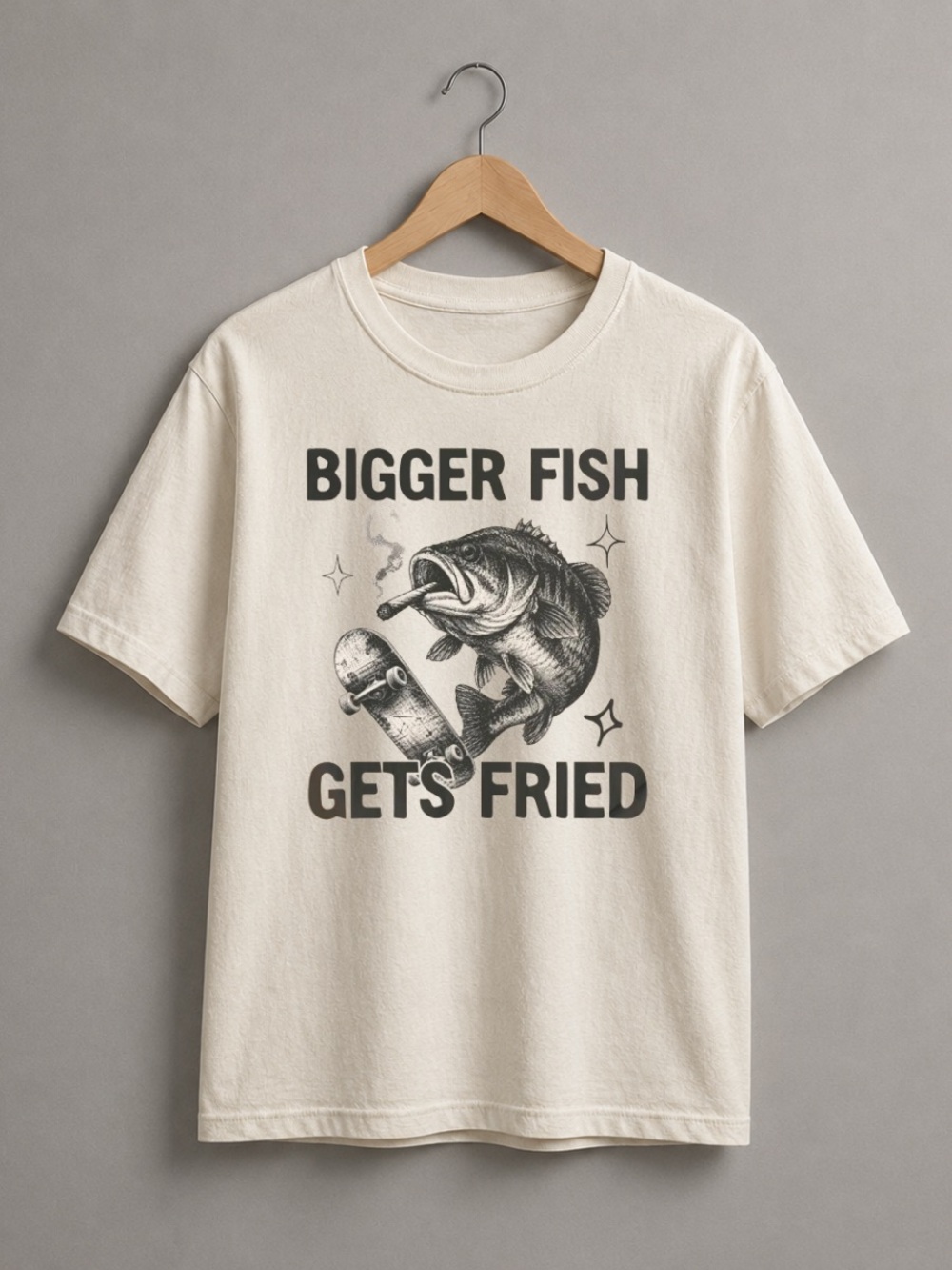 Off White Tee with 'Bigger Fish Gets Fried' Black Graphic